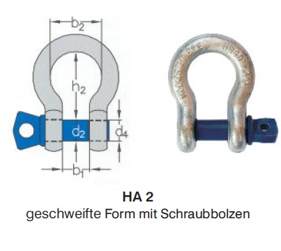 Hochfeste Schäkel HA2, geschweifte Form mit Augbolzen